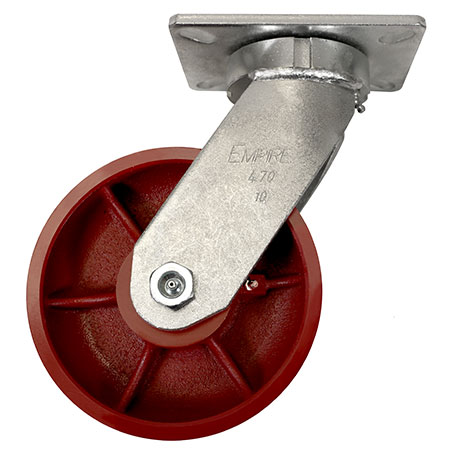 Side view of swivel caster with red wheel